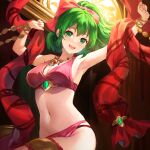  1girl :d absurdres armpits arms_up bare_shoulders bow bracelet breasts cowboy_shot dancer fire_emblem fire_emblem:_genealogy_of_the_holy_war green_eyes green_hair halterneck highres jewelry jurge lene_(fire_emblem) long_hair looking_at_viewer medium_breasts midriff navel open_mouth pink_bow ponytail sidelocks smile solo 