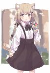  1girl :p animal_ear_fluff animal_ears arm_at_side black_bow black_bowtie black_ribbon black_skirt blush bow bowtie braid brown_eyes brown_hair cat_ears cat_girl cat_tail center_frills collared_shirt colon_br crepe feet_out_of_frame food frilled_shirt frills hair_between_eyes hair_ribbon high-waist_skirt holding holding_food long_hair long_sleeves looking_at_viewer original raised_eyebrows ribbon shirt shirt_tucked_in sidelocks skirt solo suspender_skirt suspenders tail tongue tongue_out twin_braids white_shirt 