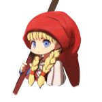 1girl blonde_hair blue_eyes bracelet braid closed_mouth dragon_quest dragon_quest_xi dress hair_over_shoulder hat highres jewelry jun_(seojh1029) long_hair looking_at_viewer red_headwear short_sleeves simple_background solo twin_braids veronica_(dq11) weapon white_background 