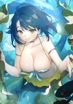  1girl armband blue_hair breasts character_request cleavage copyright_request english_commentary fish full_body grey_eyes highres large_breasts looking_at_viewer mayuri_kaichou mermaid monster_girl parted_lips seaweed shell shell_bikini short_hair skirt solo teeth underwater yellow_skirt 