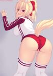  1girl animal_ears ass blonde_hair blush breasts buruma cat_ears cat_tail commentary english_commentary grey_background hair_ornament highres large_breasts long_hair long_sleeves looking_at_viewer looking_back nottytiffy open_mouth original patreon_username red_buruma red_eyes smile tail thighhighs thighs tiffy_(nottytiffy) white_thighhighs 