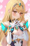  1girl bare_shoulders blonde_hair blush breasts cleavage closed_mouth collarbone commentary_request dress earrings elbow_gloves gloves hands_up headpiece heart heart_background highres jewelry kyaro_(wanu_14) large_breasts long_hair looking_down mythra_(xenoblade) orange_eyes pink_background solo spoken_blush steepled_fingers upper_body very_long_hair white_dress white_gloves xenoblade_chronicles_(series) xenoblade_chronicles_2 