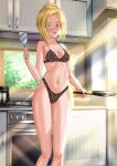  1girl ass_visible_through_thighs black_bra black_panties blonde_hair blue_eyes blurry blurry_background bra braid breasts commentary commission dust_cloud english_commentary half-closed_eyes heterochromia highleg highleg_panties highres holding holding_spatula indoors kein_hasegawa kitchen lace lace-trimmed_bra lace-trimmed_panties lace_bra lace_panties lace_trim lingerie looking_at_viewer medium_breasts mixed-language_commentary navel open_mouth original panties purple_eyes short_hair skillet smile solo spatula standing stove sunlight underwear underwear_only 
