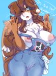  animal_print anthro areola bodily_fluids breasts brown_hair chest_tuft clothing cow_print denim_overalls equid equine fan_character fanning fanning_self hair hasbro hi_res long_hair mabel_(oc) mammal my_little_pony nipples overalls pegasus sweat sweatdrop tolsticot tuft wings 
