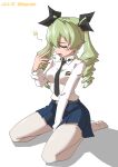  1girl absurdres anchovy_(girls_und_panzer) anzio_school_uniform belt black_belt black_necktie black_ribbon blue_skirt closed_eyes commentary dated dress_shirt drill_hair drops_mint emblem girls_und_panzer green_hair hair_ribbon highres kneeling long_hair long_sleeves miniskirt necktie no_shoes open_mouth pantyhose pleated_skirt ribbon school_uniform shadow shirt skirt solo tearing_up twin_drills twintails twitter_username white_pantyhose white_shirt wing_collar yawning 