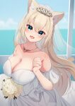  1girl absurdres animal_ears bare_shoulders blonde_hair blue_eyes blush bouquet breasts cat_ears cat_tail cleavage collarbone commentary_request dress fang flower highres hinata_(user_rjkt4745) holding holding_bouquet jewelry large_breasts long_hair looking_at_viewer necklace ocean open_mouth original rose skin_fang smile solo tail wedding_dress white_dress white_flower white_rose 