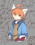  absurd_res anthro blue_clothing blue_jacket blue_topwear brown_clothing brown_topwear clothed clothing eyebrows fur glistening glistening_eyes hair hi_res holding_letter jacket kutto kuttoyaki looking_at_viewer male narrowed_eyes open_mouth open_smile orange_eyebrows orange_eyes orange_hair partially_colored sketch_page smile solo topwear white_body white_fur yellow_body yellow_fur 