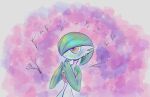  037_(pixiv_70897117) 1girl bob_cut cherry_blossoms colored_skin commentary english_commentary flat_chest flower gardevoir green_hair green_skin hair_over_one_eye hands_up highres looking_up multicolored_skin one_eye_covered open_mouth own_hands_together pink_flower pokemon pokemon_(creature) red_eyes short_hair solo standing tree two-tone_skin upper_body white_skin 