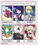  6+girls armor artoria_pendragon_(fate) blonde_hair blush boku_no_hero_academia character_name colored_skin demon_girl english_text fate_(series) green_eyes green_hair highres horns jam-orbital jill_stingray kid_icarus kneesocks_(psg) looking_at_viewer multiple_drawing_challenge multiple_girls nier:automata nier_(series) palutena panty_&amp;_stocking_with_garterbelt purple_hair red_eyes red_skin saber six_fanarts_challenge smoking toga_himiko twintails upper_body va-11_hall-a white_hair yorha_no._2_type_b 