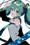  1girl :d arm_at_side arm_up bare_shoulders black_sleeves blue_ribbon blush commentary_request cowboy_shot detached_sleeves double-parted_bangs eyelashes green_eyes green_hair green_necktie grey_shirt hair_between_eyes happy hatsune_miku head_tilt highres long_hair looking_at_viewer miku_day necktie number_tattoo open_hand open_mouth ribbon shirt sidelocks simple_background sleeveless sleeveless_shirt smile solo sparkling_eyes standing star_(symbol) star_print suzuragi_karin tattoo twintails vocaloid white_background wide_sleeves 