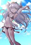  1girl adapted_costume amatsukaze_(kancolle) backlighting bikini blue_sky breasts brown_eyes cloud fang feet_out_of_frame fuji_(pixiv24804665) grey_hair grey_neckerchief hair_tubes highres kantai_collection long_hair neckerchief side-tie_bikini_bottom skin_fang sky small_breasts smile solo swimsuit two_side_up 