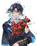  1boy absurdres ahoge arknights bishounen black_hair bouquet chinese_commentary chuan04826 commentary cowboy_shot ear_piercing flower highres holding holding_bouquet infection_monitor_(arknights) lumen_(arknights) male_focus neckerchief orange_eyes piercing pointy_ears red_flower red_rose rose short_hair simple_background smile solo white_background 