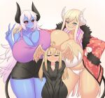  aohada_kyonyuu big_breasts black_sclera blonde_hair blush boob_hat breast_size_difference breasts cleavage clothed clothing demon demon_humanoid female gesture green_eyes group hair hi_res horn horned_humanoid huge_breasts huge_thighs humanoid humanoid_pointy_ears hyper hyper_breasts narrowed_eyes orange_eyes puffywaffles pupils sharp_teeth size_difference smile standing tail teal_eyes teeth thick_thighs trio unusual_pupils v_sign white_hair wide_hips winged_humanoid wings 