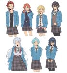  6+girls ahoge aoba_tsumugi black_hair blazer blonde_hair blue_hair blue_jacket blue_necktie brown_hair brown_skirt chiba_(satochikasmart) collared_shirt ensemble_stars! genderswap genderswap_(mtf) glasses green_eyes grey_background hibiki_wataru jacket kiryu_kuro long_hair long_sleeves looking_at_viewer low_side_ponytail medium_hair multicolored_hair multiple_girls necktie nito_nazuna orange_hair plaid plaid_skirt purple_eyes red_eyes red_hair sakuma_rei_(ensemble_stars!) school_uniform shinkai_kanata shirt skirt tsukinaga_leo wavy_hair white_shirt yellow_eyes yumenosaki_school_uniform 