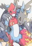  anthro armor bandai_namco blue_body carrying digimon digimon_(species) duo evolutionary_family feral flamedramon hi_res horn male midriff piggyback raidramon red_eyes sansyonoki64 