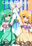  2girls aqua_eyes aqua_hair bare_shoulders blonde_hair blue_eyes blush bow cheerful_candy_(module) collarbone colorful_drop_(module) colorful_x_melody_(vocaloid) commentary_request detached_sleeves dress flat_chest flower frilled_dress frills hair_flower hair_ornament hand_up hatsune_miku heart kagamine_rin long_hair microphone multiple_girls music oborotsuki_kakeru open_mouth outstretched_hand plaid plaid_background project_diva_(series) project_diva_2nd ribbon short_hair singing smile strapless strapless_dress striped striped_dress thighhighs vocaloid zettai_ryouiki 