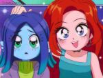  1990s_(style) 2girls animification blue_eyes blue_hair blue_skin brenni_murasaki chelsea_(ruby_gillman) colored_skin earrings eyelashes fins green_eyes green_hair green_sweater hand_on_another&#039;s_head head_fins hoop_earrings jewelry long_hair monster_girl multicolored_hair multiple_girls open_mouth red_hair retro_artstyle ruby_gillman ruby_gillman:_teenage_kraken smile sweater 