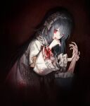  1girl 1other bianca_(black_survival) black_survival blood blood_on_clothes blood_on_face blue_hair bow commentary dress eternal_return:_black_survival grey_bow highres korean_commentary long_hair looking_at_viewer mia_(39565899) red_eyes solo_focus white_dress white_headdress 