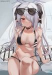  1girl :/ arm_support artist_name bangs bare_arms bare_shoulders bikini black_bikini black_choker black_ribbon blue_archive blush breasts breasts_apart choker dark-skinned_female dark_skin diagonal_stripes dolechan drain_(object) eyewear_on_head grey_hair hair_intakes hair_over_one_eye hair_ribbon halo halterneck highres iori_(blue_archive) iori_(swimsuit)_(blue_archive) knee_up leaning_back long_hair looking_at_viewer medium_breasts multi-strapped_bikini navel one_eye_covered pointy_ears ribbon sitting skindentation solo star_(symbol) star_choker stomach striped sunglasses sweat swept_bangs swimsuit thighs tile_floor tiles tinted_eyewear twintails untied untied_bikini 