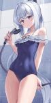  1girl absurdres bare_arms bare_shoulders bathroom blue_archive blue_halo blue_one-piece_swimsuit blush bow breasts casual_one-piece_swimsuit covered_navel cowboy_shot frilled_one-piece_swimsuit frills grey_hair hair_between_eyes hair_ornament hair_ribbon halo highres holding holding_shower_head looking_at_viewer medium_breasts miyako_(blue_archive) miyako_(swimsuit)_(blue_archive) off-shoulder_one-piece_swimsuit off_shoulder official_alternate_costume one-piece_swimsuit parted_lips ribbon shower_head showering solo standing swimsuit thighs water wet wet_clothes yakishio 