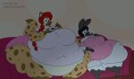  2018 anthro belly big_belly big_breasts big_butt black_hair bottomwear breasts butt cake clothing copyright_symbol cutlery deep_navel dessert digital_media_(artwork) duo eating female food fork furniture hair hi_res huge_belly huge_breasts huge_butt huge_thighs hyena jaylen_(chaotick9) kitchen_utensils lagomorph leporid mammal morbidly_obese morbidly_obese_anthro morbidly_obese_female navel navel_outline obese obese_anthro obese_female overweight overweight_anthro overweight_female plate ponytail rabbit red_hair reggie_(chaotick9) satsumalord shirt shorts sitting sofa spotted_hyena symbol thick_thighs tools topwear 