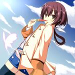  1girl asagi_nanami black_thighhighs blue_shorts blue_sky blush brown_eyes brown_hair bug butterfly cloud commentary_request cowboy_shot day dutch_angle food hand_up highres holding holding_food holding_popsicle jacket long_sleeves looking_at_viewer nanami_(summer_pockets) orange_jacket outdoors pink_butterfly popsicle short_hair_with_long_locks shorts sky solo standing summer_pockets thighhighs tongue tongue_out watermelon_bar wide_sleeves zettai_ryouiki 