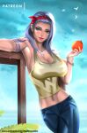  1girl arm_tattoo artist_name bare_arms blue_eyes blush bracelet breasts chest_tattoo cleavage closed_mouth cloud denim evandro_menezes food fruit green_eyes hairband highres jeans jewelry lipstick long_hair looking_at_viewer makeup nojiko one_piece orange_(fruit) pants sky smile solo tattoo web_address 