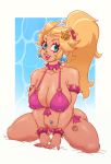  1girl armlet ass blonde_hair blue_eyes bowser bowser_logo bracelet breasts cleavage collar collarbone confiserie earrings highres jewelry kneeling large_breasts leg_tattoo legs long_hair looking_at_viewer mario_(series) navel navel_piercing open_mouth piercing pink_lips ponytail princess_peach smile solo spiked_armlet spiked_bracelet spiked_collar spikes sweat tattoo teeth thick_thighs thighs upper_teeth_only 
