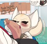  2023 aggressive_retsuko anthro balls black_nose blush canid canine clothing dialogue digital_media_(artwork) duo english_text eyes_closed fennec fenneko fingers four-pundo fox genitals haida humanoid_genitalia humanoid_penis hyena male mammal penis sanrio solo_focus tail tail_motion tailwag text tongue tongue_out 