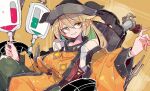  1girl black_headwear blonde_hair blood blood_bag breasts highres large_breasts long_hair looking_at_viewer massakasama matara_okina mismatched_pupils orange_eyes sitting solo tabard touhou wheelchair wide_sleeves 