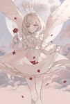  1girl angel_wings blonde_hair blue_eyes dress expressionless falling_petals feathered_wings flower flying full_moon halo highres holding holding_flower kyuumura long_sleeves looking_at_viewer moon original parted_lips petals petticoat puffy_long_sleeves puffy_sleeves red_flower red_rose rose short_hair sketch sky solo thighhighs white_dress white_thighhighs wings 
