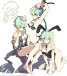  1girl animal_ears armpits bare_shoulders barefoot bikini black_coat black_leotard black_necktie breasts cleavage closed_eyes coat core_crystal_(xenoblade) cosplay english_commentary eyepatch fake_animal_ears full_body glasses green_bikini green_eyes green_hair highleg highleg_leotard highres holding holding_plate leotard looking_at_viewer medium_breasts multiple_views nail_polish naked_coat navel necktie no_bra no_shoes open_clothes open_coat pandoria_(beach_date)_(xenoblade) pandoria_(xenoblade) plate playboy_bunny pointy_ears purple_nails rabbit_ears short_hair simple_background solo stephanieh81080 stomach strapless strapless_leotard stretching string_bikini striped striped_bikini swimsuit tail toenail_polish toenails white_background xenoblade_chronicles_(series) xenoblade_chronicles_2 zeke_von_genbu_(xenoblade) zeke_von_genbu_(xenoblade)_(cosplay) 