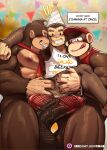  5_fingers absurd_res anthro balls big_penis brown_body brown_fur clothed clothing desfrog diddy_kong donkey_kong_(character) donkey_kong_(series) english_text eyebrows fingers fur genitals glans group haplorhine hi_res humanoid_genitalia humanoid_penis male male/male mammal monkey monkin_(desfrog) nintendo penis primate text text_on_clothing text_on_topwear tongue tongue_out topwear trio vein veiny_penis 
