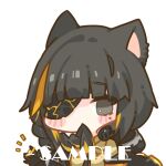  1girl black_gloves black_hair black_jacket blonde_hair blush_stickers brown_shirt covered_mouth cui_pi_zha_xia_qiu eyepatch girls&#039;_frontline gloves grey_eyes hand_up hood hood_down hooded_jacket jacket long_hair m16a1_(girls&#039;_frontline) multicolored_hair notice_lines sample_watermark shirt simple_background solo streaked_hair upper_body white_background 