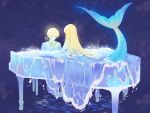  1boy 1girl blonde_hair commentary_request gyuhwa highres instrument long_hair lying mermaid monster_girl on_stomach original piano short_hair sitting water 