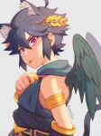  1boy angel angel_wings animal_ears armlet bell black_hair black_wings cat_ears dark_pit feathered_wings grey_background kid_icarus kid_icarus_uprising laurel_crown looking_at_viewer male_focus neck_bell red_eyes solo tongue tongue_out twitter_username upper_body v-shaped_eyebrows wings wusagi2 