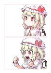  1girl blonde_hair closed_mouth crystal flandre_scarlet gaijin_4koma_(meme) hair_ribbon hat highres looking_at_viewer meme mob_cap oninamako open_mouth parody red_eyes red_ribbon ribbon short_hair slit_pupils solo touhou upper_body white_headwear wings wrist_cuffs 