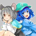  2girls animal_ears black_hair blue_eyes blue_hair green_headwear grey_background kawashiro_nitori long_sleeves looking_at_viewer mouse_ears mouse_girl multiple_girls nazrin one_eye_closed red_eyes short_hair smile sugu016406 touhou two_side_up 