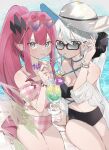  2girls absurdres baobhan_sith_(fate) bikini black_bikini blush bracelet commentary_request cup day draw_happy_set drinking_glass drinking_straw earrings eyewear_on_head fate/grand_order fate_(series) grey_eyes hat heart heart-shaped_eyewear highres jewelry long_hair looking_at_viewer morgan_le_fay_(fate) multiple_girls outdoors pink_bikini ponytail red_hair sitting smile sun_hat sunglasses sunlight swimsuit water white_hair 