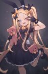  1girl abigail_williams_(fate) animal_ears black_bow black_dress black_gloves blonde_hair blue_eyes blush bow breasts dress fate/grand_order fate_(series) forehead gloves hair_bow highres long_hair looking_at_viewer miya_(miyaruta) multiple_hair_bows one_eye_closed open_mouth orange_bow parted_bangs rabbit_ears rabbit_tail short_sleeves sidelocks small_breasts smile solo stuffed_animal stuffed_toy tail teddy_bear twintails v 