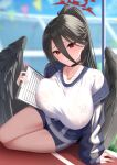  1girl absurdres black_choker black_hair black_wings blue_archive blue_jacket blue_shorts blue_sky blurry blurry_background breast_lift breasts choker clipboard covered_nipples day feathered_wings gym_shirt gym_shorts gym_uniform hair_between_eyes halo hasumi_(blue_archive) hasumi_(track)_(blue_archive) highres huge_breasts iori_(nanonamuco) jacket large_wings long_hair long_sleeves looking_at_viewer low_wings mole mole_under_eye official_alternate_costume open_clothes open_jacket parted_lips partially_unzipped pink_nails ponytail red_eyes red_halo see-through shirt short_shorts shorts sitting sky stadium sweat sweatdrop thighs track_and_field track_jacket wet wet_clothes wet_shirt white_shirt wings yokozuwari zipper 