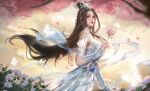  1girl absurdres bare_shoulders brown_hair bug butterfly cherry_blossoms cloud cloudy_sky dixin_jumin_li_huahua earrings flower from_side glowing_butterfly hagoromo hair_ornament hairpin highres jewelry light_particles ling_qingzhu_(wu_dong_qian_kun) long_hair lotus parted_lips pink_flower second-party_source shawl sky solo wu_dong_qian_kun yellow_sky 