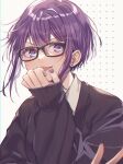  1girl black_sweater earrings glasses hair_between_eyes highres jewelry long_sleeves mochi_ggg purple_eyes purple_hair shima_(utaite) shimako_(urashimasakatasen) short_hair smile solo sweater tongue tongue_out twitter_username urashimasakatasen utaite v 