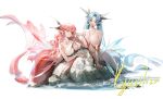  2girls :d artist_name blue_eyes blue_hair bracelet breasts commentary_request fins head_fins highres jewelry kyuri_tizu large_breasts long_hair looking_at_viewer mermaid monster_girl multiple_girls navel necklace open_mouth original pink_hair pointy_ears simple_background smile water white_background 