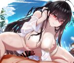  1boy 1girl absurdres ahoge azur_lane bar_censor bikini black_hair blue_sky blurry blurry_background blush bottomless breasts censored closed_mouth cloud cloudy_sky commentary crossed_bangs day english_commentary engrish_commentary feet_out_of_frame hair_between_eyes hand_in_own_hair hetero highres lapokato large_breasts licking_lips long_hair looking_down nipples off_shoulder official_alternate_costume one_breast_out one_side_up open_clothes open_shirt outdoors palm_tree penis red_eyes shaded_face shirt sidelocks sky smile solo_focus spread_legs squatting straddling string_bikini sweat swimsuit taihou_(azur_lane) taihou_(seaside_daydreams)_(azur_lane) tongue tongue_out tree very_long_hair wet wet_clothes wet_hair wet_shirt white_shirt yellow_bikini 