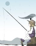  blonde_hair epic_armageddon fishing fishing_rod hat highres holding holding_fishing_rod leaf moriya_suwako outdoors purple_footwear purple_vest sitting skirt skirt_set sky socks thighhighs touhou vest water white_socks wide_sleeves 