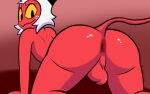  absurd_res anthro anus balls butt demon extreme_size_difference genitals hair helluva_boss hi_res horn humanoid imp male mammal micro moxxie_(helluva_boss) nude poyolewdo red_body simple_background size_difference tail white_hair 