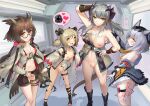  4girls :d animal_ears arknights arm_behind_head arm_up arm_wrap armband bandaged_hand bandages bare_shoulders bird_ears blonde_hair blush bottomless bright_pupils brown_hair chaps collarbone doctor_(arknights) dress expressionless feet_out_of_frame from_side grey_hair hand_on_another&#039;s_shoulder hand_on_own_hip headdress highres horns id_card ifrit_(arknights) indoors jacket long_sleeves looking_at_viewer multiple_girls nipple_peek no_panties off_shoulder one_breast_out open_mouth orange_eyes ptilopsis_(arknights) pussy pussy_juice revealing_clothes rhine_lab_logo saria_(arknights) scapula short_twintails shorts single_bare_shoulder smile spread_pussy standing stretched_limb toeless_footwear twintails ware_fu_zeshiki_okami white_dress white_pupils yellow_eyes 
