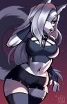  absurd_res anthro bottomwear breasts canid canid_demon clothed clothing collar demon female fingerless_gloves fluffy fluffy_tail fur gloves grey_hair hair handwear hellhound helluva_boss hi_res legwear loona_(helluva_boss) mammal mayrin_(artist) midriff narrowed_eyes navel notched_ear red_eyes shorts solo spiked_collar spikes stockings tail thigh_highs topwear white_body white_fur 