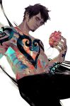  1boy arm_tattoo black_hair black_pants chest_tattoo earrings facial_hair finger_tattoo goatee hand_tattoo heart heart_tattoo highres holding holding_heart holding_organ jewelry looking_down male_focus one_piece pants ribs short_hair sideburns solo tattoo topless_male trafalgar_law voidfvng white_background 